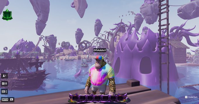 Screenshot from a video game showing a character with the username 'D4iAddict' wearing a colorful jacket and backwards cap, standing in a whimsical landscape featuring a giant purple slime monster.