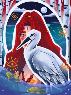 A digital illustration depicts a red-haired woman with a third eye on her forehead standing behind a white crane, surrounded by mystical eye symbols and a small frog.