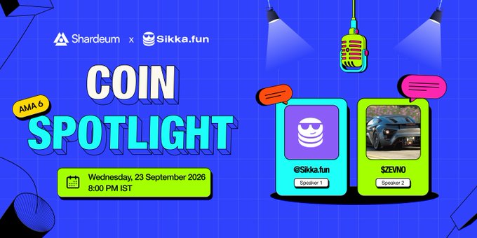 The graphic promotes "Coin Spotlight AMA 6," a collaboration between Shardeum and @Sikka.fun featuring speaker SZEVNO, scheduled for Wednesday, 23 September 2026 at 8:00 PM IST, aligning with the post's announcement of the upcoming AMA session.