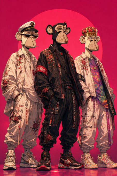 The image features three anthropomorphic monkeys standing next to each other against a pink background. The monkeys are dressed in various outfits, including white pants with red flowers, black jackets, and colorful clothing. They appear to be posing for a photo or participating in an event related to " Born to be bored, cool and free".