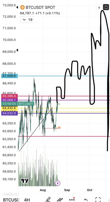 A TradingView chart shows BTCUSDT Spot price at 64,797.1, down 0.11% (around -71), with a hand-drawn black line projecting a rally toward the 67,000–68,000 range highlighted by horizontal support/resistance levels (including 67,000.6 marked with a black arrow), aligning with the post's suggestion that alts could continue between 67–68k and advising to exit most positions at 67k.