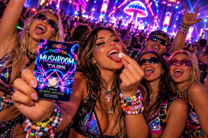 A group of young women at what appears to be a music festival or rave pose for the camera, with one in the foreground holding a package of 'TRIPTA Mushroom Tabs' while licking a white tablet; they wear colorful beaded bracelets and face gems.