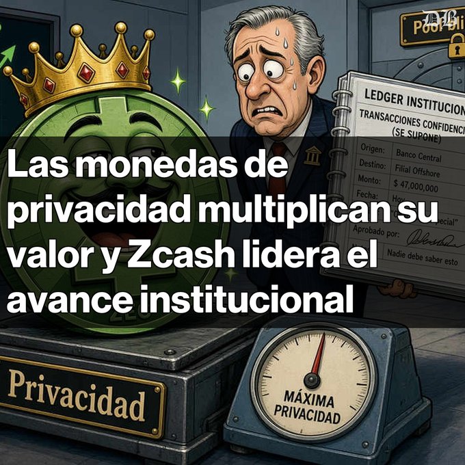 An illustration about privacy coins multiplying in value and Zcash leading institutional adoption, with Spanish text 'Las monedas de privacidad multiplican su valor y Zcash lidera el avance institucional'.
