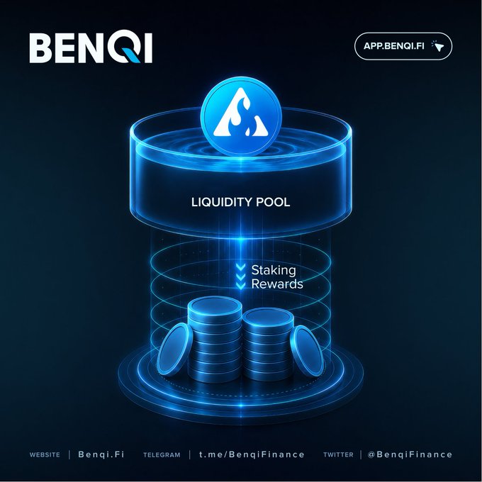 A Benqi Finance promotional graphic showing a glowing blue 3D liquidity pool with staking rewards and stacked coins, with links to app.benqi.fi, Benqi.Fi, t.me/BenqiFinance, and @BenqiFinance.