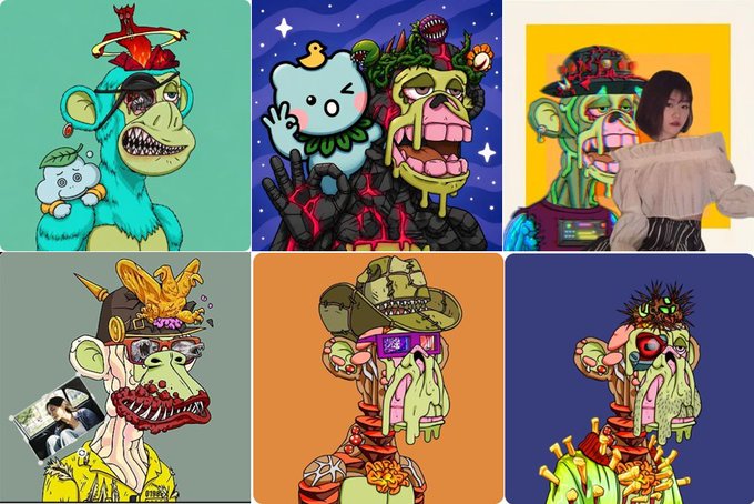 The image features a collection of six square illustrations depicting various cartoon monkeys with different facial expressions and costumes. The monkeys are arranged in two rows, each row containing three illustrations. The background color for each illustration is blue, creating a cohesive visual theme throughout the display. The text accompanying the images provides additional information about the monkeys and their creators or owners.