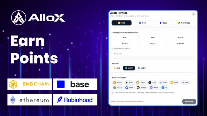 A promotional graphic for AlloX displays "Earn Points" alongside logos for BNB Chain, Base, Ethereum, and Robinhood, featuring a portfolio creation interface for BSC, ETH, Base, and Robinhood Chain investments.