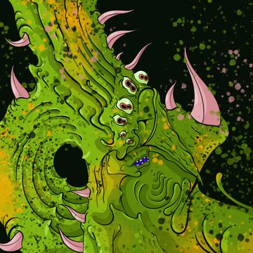 A surreal, grotesque illustration of a fleshy green and yellow creature with multiple eyes, teeth, and claw-like protrusions set against a black background.
