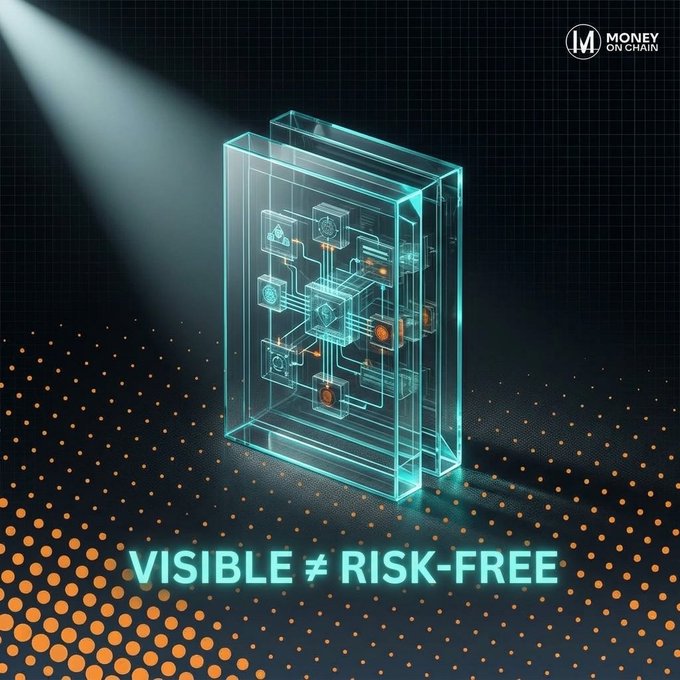 A digital graphic from 'Money on Chain' featuring a glowing blue 3D wireframe box containing interconnected nodes, with the text 'VISIBLE ≠ RISK-FREE' displayed below.