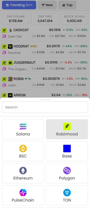 A mobile app screen showing trending tokens including CASHCAT, HOODRAT, JUGGERNAUT, ROBIN, and ARROW with their prices and 24-hour volume stats, along with a list of blockchain networks like Solana, Robinhood, and Base.