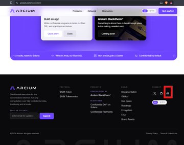 A screenshot of a website footer and navigation menu for 'A. ARCIUM', featuring 'SAR Token' and 'Arcium Blackbox', with a pop-up for 'Build an app'.