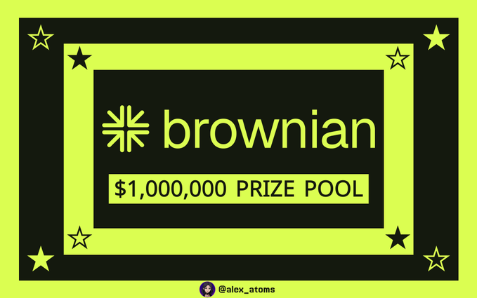 A bright yellow and black promotional graphic announces 'brownian' with a $1,000,000 PRIZE POOL, decorated with star icons and tagged '@alex_atoms'.