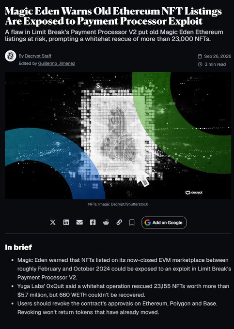 An article titled 'Magic Eden Warns Old Ethereum NFT Listings Are Exposed to Payment Processor Exploit,' detailing a flaw in Payment Processor V2 and a whitehat rescue of 23,155 NFTs worth over $5.7 million.