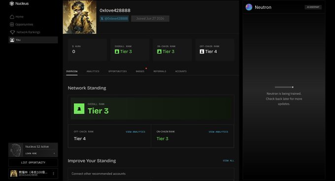 A screenshot of the Nucleus network interface showing the user 'Oxlove428888' with Tier 3 ranking and various analytics metrics displayed.