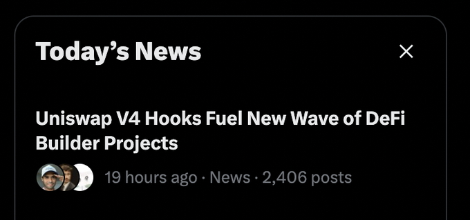 A screenshot of a news feed header titled 'Today's News' with an article titled 'Uniswap V4 Hooks Fuel New Wave of DeFi Builder Projects' posted 19 hours ago with 2,406 posts.