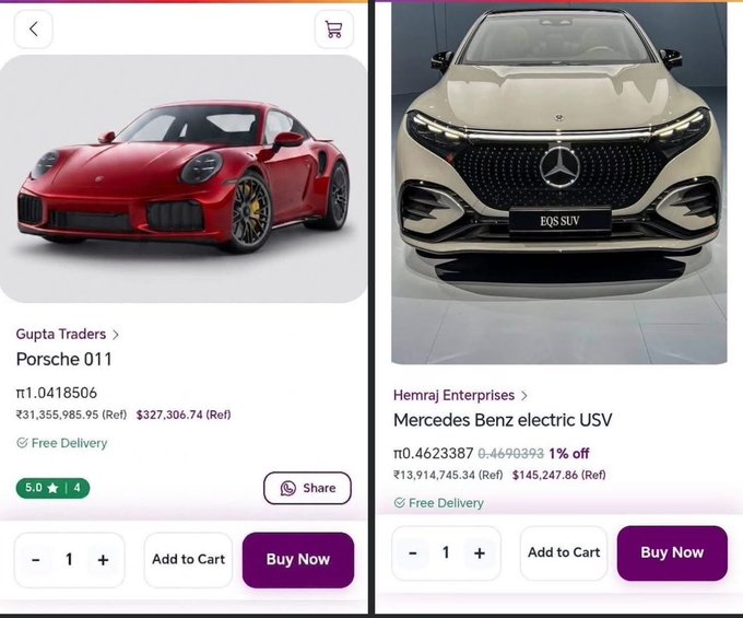 A mobile shopping app displays a red Porsche 911 listed at ₹1.04 crore by Gupta Traders, alongside a Mercedes-Benz electric EQS SUV at ₹1.39 crore by Hemraj Enterprises.