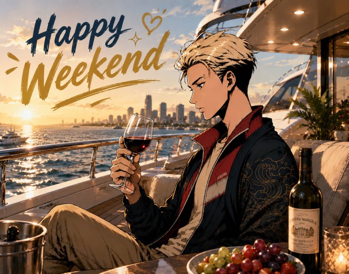 "Happy Weekend" written above a man holding a wine glass, sitting at a table with grapes and a bottle of wine. The text also mentions that they are cooking together or planning to cook something.