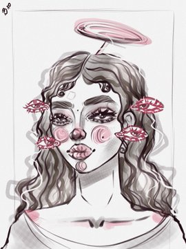 A watercolor and ink drawing of a woman with wavy hair, pink blushing cheeks, red kiss marks on her face, and a pink halo floating above her head.