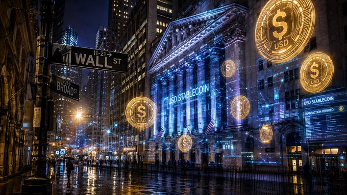 A nighttime Wall Street scene with the New York Stock Exchange building illuminated, overlaid with golden stablecoin tokens labeled 'USD' and 'USD STABLECOIN' digital transaction graphics.