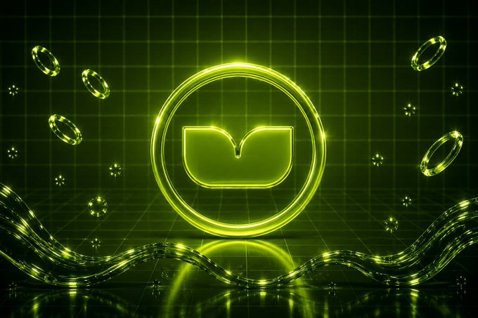 A glowing green neon "L" emblem encircled by floating coins and decorative rings, with reflective wave patterns below, serves as a stylized logo for Launchpad, visually reinforcing the post's announcement of the live launchpad platform on Robinhood Chain.