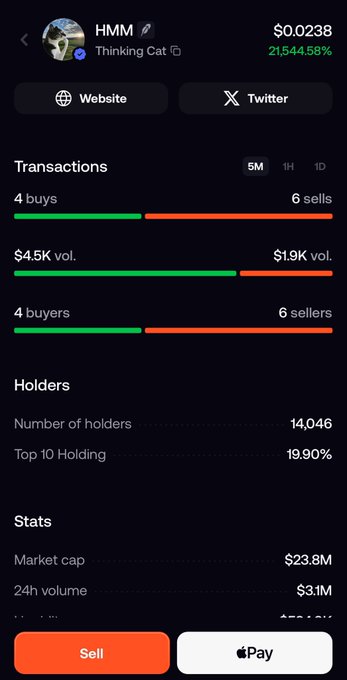 Mobile screenshot of a crypto token called 'HMM' (Thinking Cat) showing a price of $0.0238, a 21,544.58% gain, a market cap of $23.8M, 14,046 holders, and 6 sells versus 4 buys in the last 5 minutes.