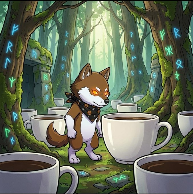 An illustration of a brown and white wolf-like character with glowing orange eyes standing in a mystical forest surrounded by giant coffee cups, with glowing runes carved into the trees.