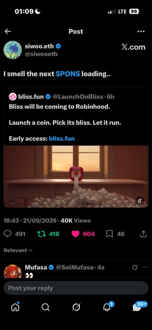 Another Twitter/X post quoting the same @bliss.fun announcement, with user @siwoo.eth (@siwooeth) commenting 'I smell the next $PONS loading..'