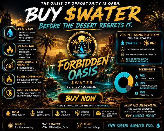A promotional graphic for 'FORBIDDEN OASIS $WATER' crypto, with text 'BUY $WATER BEFORE THE DESERT REGRETS IT' and details like '4% BUY TAX', '5% SELL TAX', and a 'BUY NOW' button.