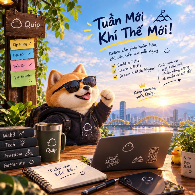 A motivational graphic featuring a Shiba Inu wearing sunglasses at a desk with a laptop, books, and coffee, with Vietnamese text 'Tuần Mới Khí Thế Mới!' (New Week, New Energy) and a checklist including 'Build a little. Learn a little. Dream a little bigger.'