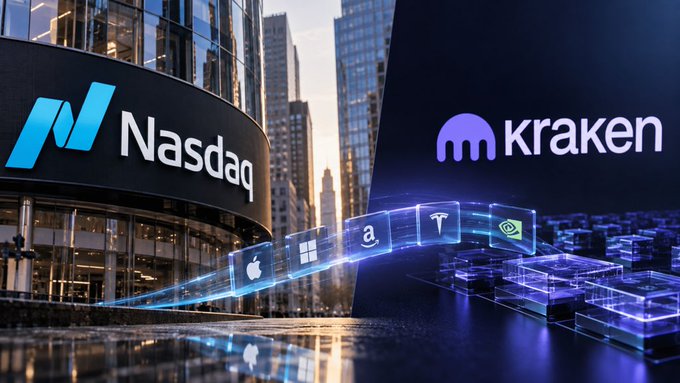 A promotional graphic showing the Nasdaq logo on the left and Kraken logo on the right, with logos for Apple, Microsoft, Amazon, Tesla, and Nvidia connected by glowing blue lines representing digital asset trading.