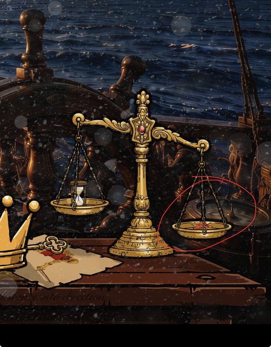 An illustrated nautical scene features a golden scale of justice on a ship's deck, with the right pan (circled in red) holding a red rose, while a paper crown and document lie nearby.