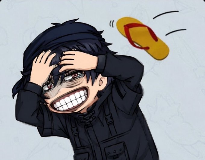 An anime-style illustration of a dark-haired male character with a wide, intense grin, grabbing his head with both hands while wearing a dark hooded jacket, with a yellow sandal flying near him.