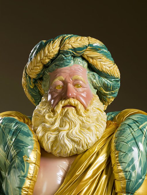 A detailed, colorful ceramic or porcelain bust depicts an older bearded man wearing a green and gold turban and robes.