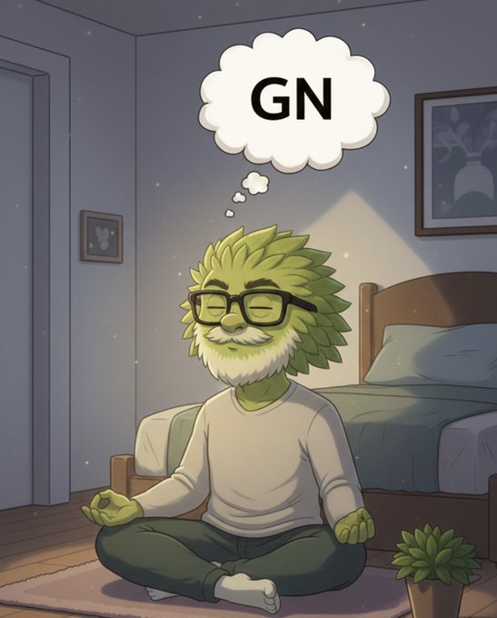 A cartoon illustration of a green, plant-like elderly man meditating in a bedroom, with a thought bubble reading 'GN' (Good Night).