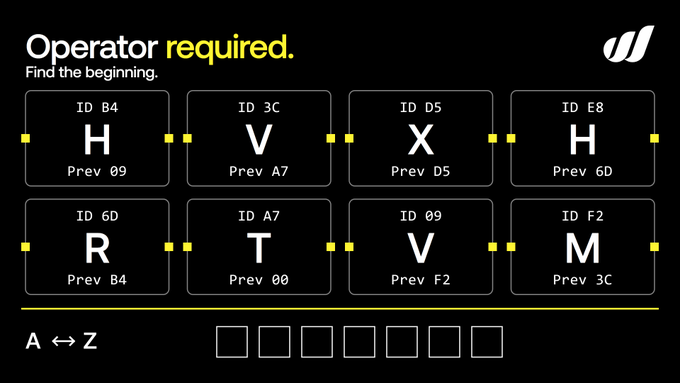 A puzzle titled 'Operator required. Find the beginning.' shows 8 cards with letters (H, V, X, H, R, T, V, M) and IDs/Prev IDs, requiring rearrangement from A to Z with empty slots below.