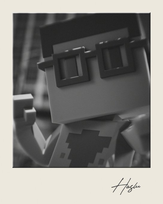 A black-and-white close-up photo of a 3D pixel-art figure wearing blocky sunglasses, styled like a Polaroid with the signature "Hachu" in the corner, pairs with the caption "I love NFT's. Really don't have anything else to say."—showcasing the artist's NFT-themed character work as a visual love letter to the digital collectibles.