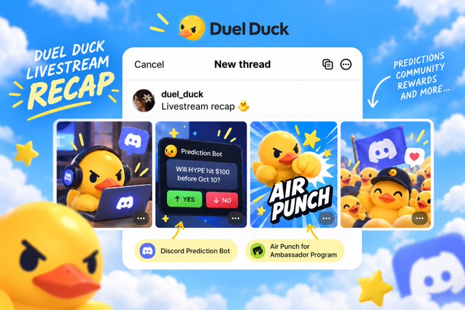 A promotional graphic for 'Duel Duck' livestream recap featuring the Discord Prediction Bot, with cartoon duck characters and showing a prediction question 'Will HYPE hit $100 before Oct 10?' with YES/NO voting buttons.