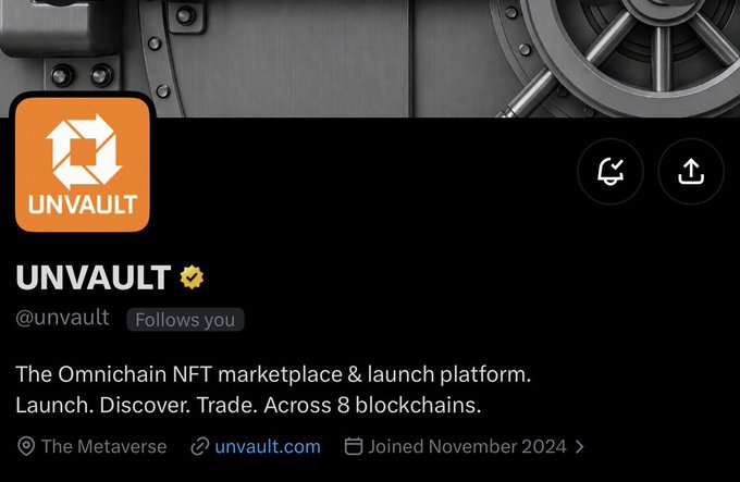 A verified X/Twitter profile page for "UNVAULT" (@unvault), an Omnichain NFT marketplace and launch platform operating across 8 blockchains, with a vault-themed banner and orange logo. The post from the user thanks @unvault (and @AaronHaber) for securing allocations for their community, indicating the image is the official profile of the NFT platform that provided the allocation.