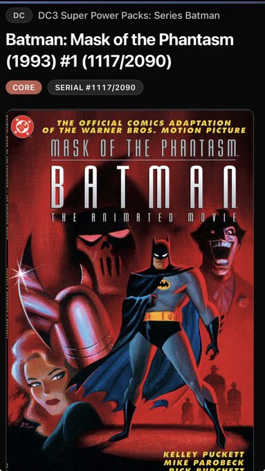 A DC "Batman: Mask of the Phantasm" (1993) #1 comic book digital collectible, serial number 1117/2090, displayed on a marketplace listing with its iconic red cover featuring Batman alongside the Joker and other characters, matching the user's Twitter post celebrating their first Magic Eden NFT purchase.