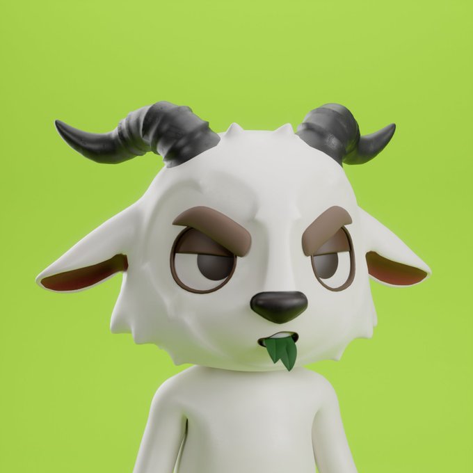 A 3D render of a cartoon-style white goat character with black horns, droopy ears, and a green leaf in its mouth, set against a solid bright green background.