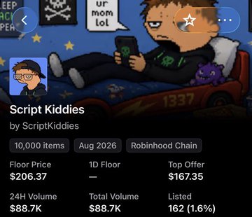 An NFT listing for a collection named 'Script Kiddies' by ScriptKiddies, showing a floor price of $206.37, a top offer of $167.35, and a 24H volume of $88.7K.