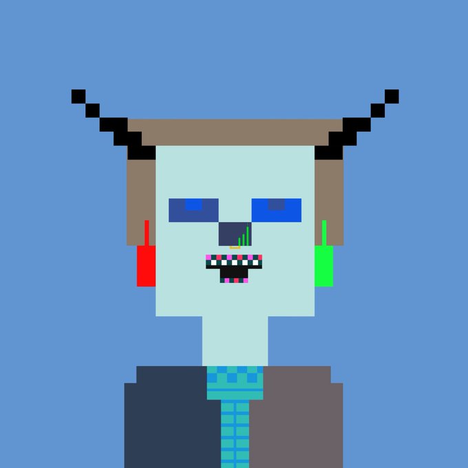 A pixel art portrait of a blue-skinned character with horns, a wide toothy grin, and mismatched red and green earrings.