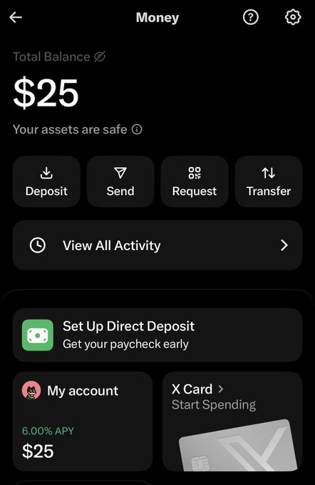 A screenshot of a mobile banking app titled 'Money' showing a 'Total Balance' of '$25' with options to 'Deposit,' 'Send,' 'Request,' and 'Transfer,' along with features for 'Set Up Direct Deposit' and '6.00% APY'.