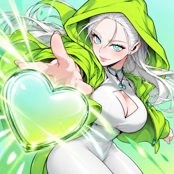 An anime-style illustration of a silver-haired woman with bright blue eyes wearing a green hooded jacket over a white top, reaching her hand forward with a glowing green heart-shaped energy effect emanating from her palm.
