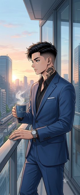 An anime-style illustration of a tattooed young man in a blue suit holding a steaming coffee cup on a balcony overlooking a city skyline at sunset.