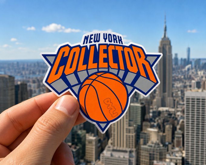 A hand holds a 'New York Collector' sticker featuring a basketball logo in orange and blue, with the Empire State Building visible in the city skyline background.