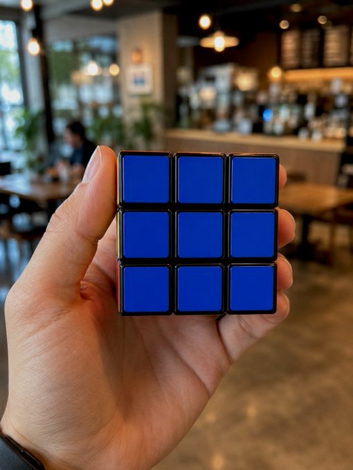 The image shows a person holding up a blue Rubik's cube with black squares. The cube has nine distinct squares, each representing a different color. The person is standing next to a table that appears to be part of a cafe or restaurant setting. There are chairs and potted plants visible in the background, suggesting an indoor environment where people can enjoy their time while engaging in various activities such as eating, drinking coffee, or socializing with others.