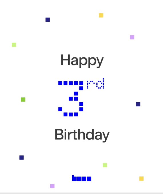 A pixelated 3rd birthday greeting card with the text "Happy 3rd Birthday" and colorful confetti squares scattered around.