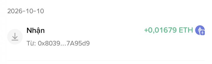A transaction record dated 2026-10-10 showing a received amount of +0.01679 ETH from address 0x8039...7A95d9.