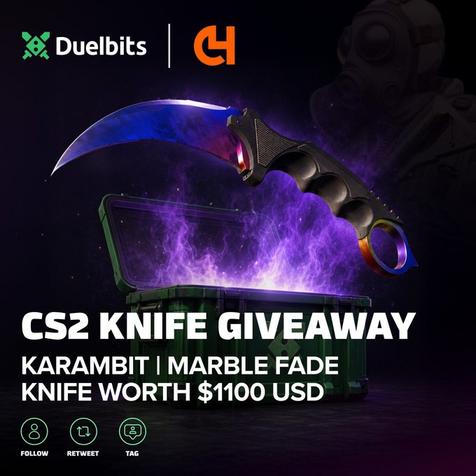 A promotional giveaway graphic for Duelbits featuring a CS2 Karambit | Marble Fade knife worth $1100 USD, with a call to follow, retweet, and tag for entry.
