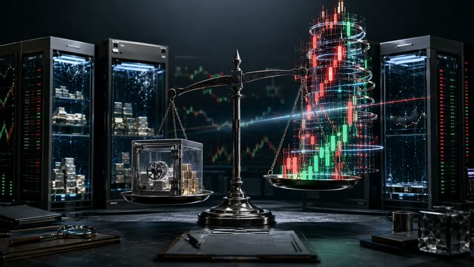 A balance scale tipped toward a towering candlestick chart weighs a server rack of stacked coins against a transparent data vault, symbolizing the comparison of trading volume and open interest against reserves across major CEXs like Binance and OKX, with Hyperliquid as the benchmark. The image visually represents the Q2 analysis of potentially inflated Vol/PoR and OI/PoR ratios among eight major exchanges.